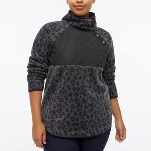 NEW J Crew Sherpa Fleece Asymmetric Colorblock Quilted Leopard Pullover BA20